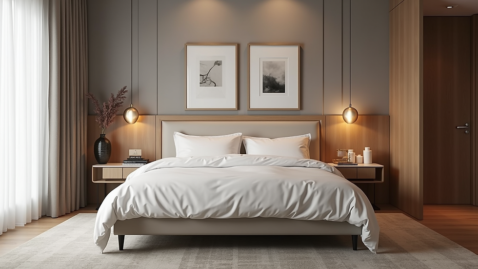 High angle view of a service apartment’s bedroom with contemporary design
