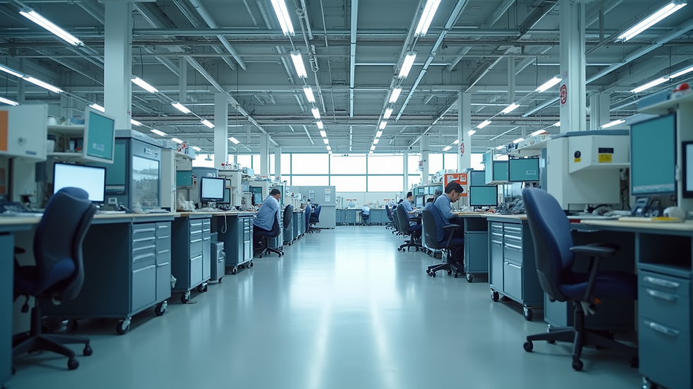 Eye-level view of a modular factory interior with flexible workstations