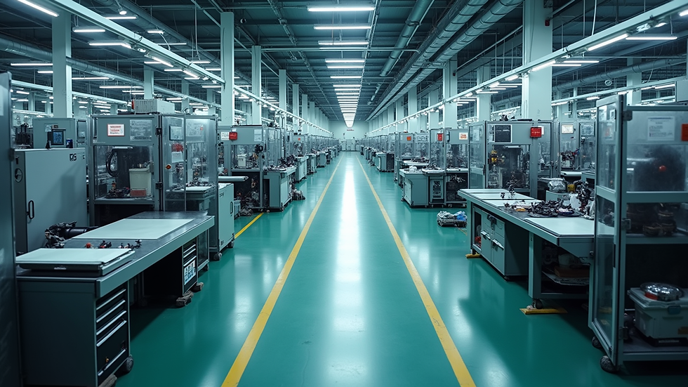 High angle view of a modern factory floor with organized machinery and clear pathways
