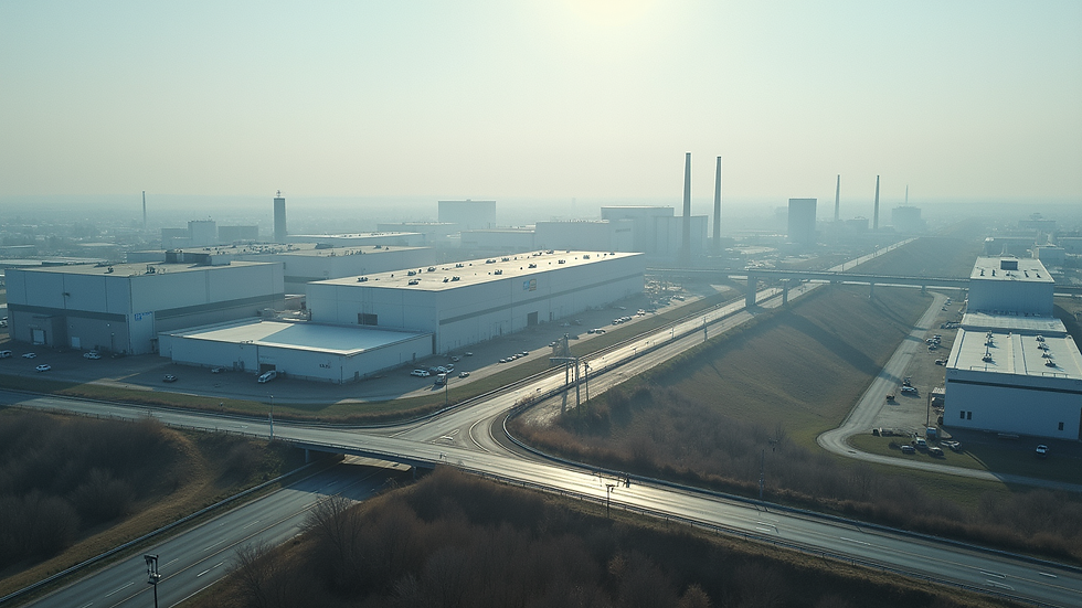 Wide angle view of industrial park with factory buildings and highways