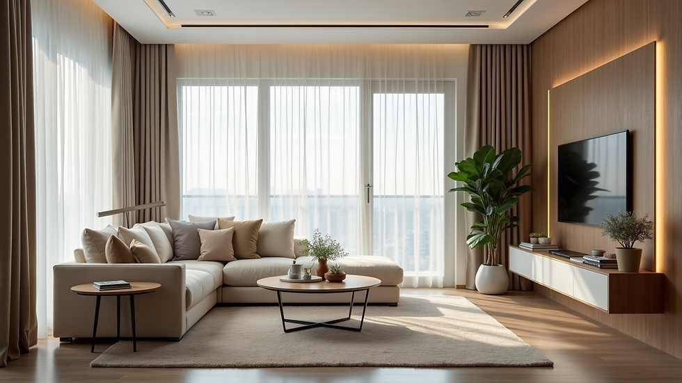 Wide angle view of a comfortable living area in a service apartment
