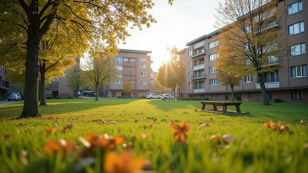 Eye-level view of a community park within an affordable housing area