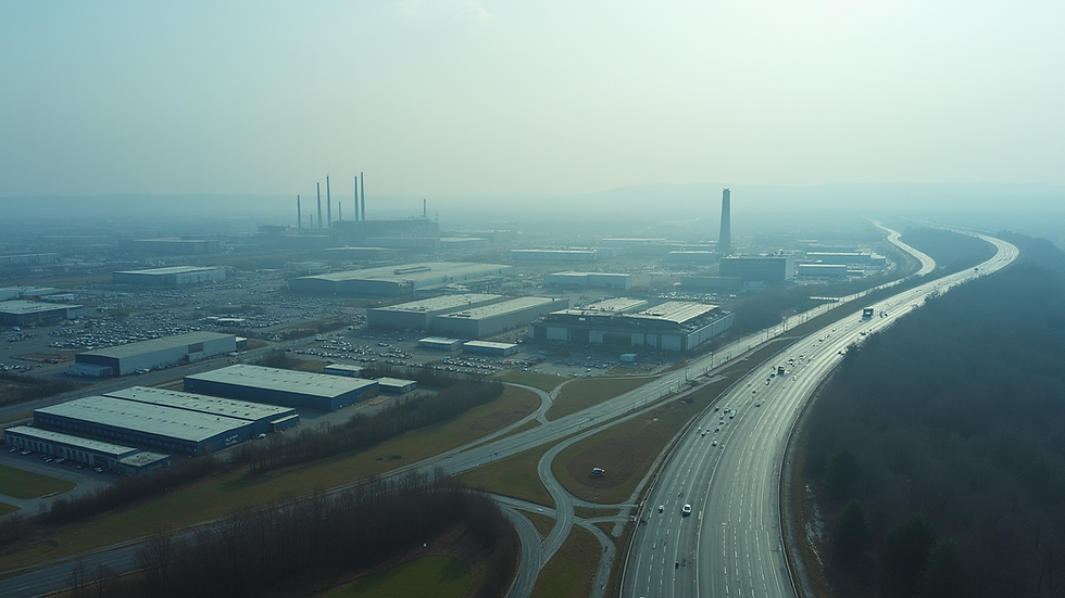 High angle view of industrial park with factories and highways