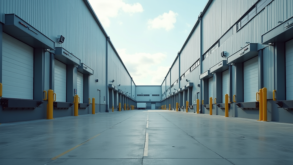 Eye-level view of a modern factory building with loading bays