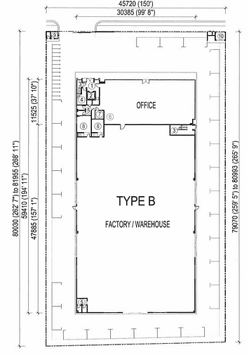 Type B ground floor factory layout with large warehouse space, integrated office, and direct lift and staircase access for ef