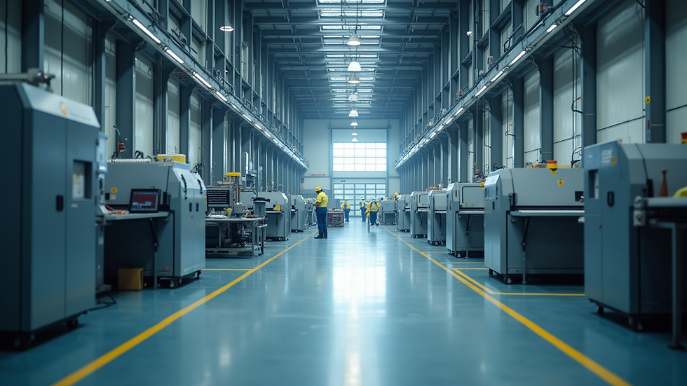 Eye-level view of a factory interior with automated machinery and spacious work areas