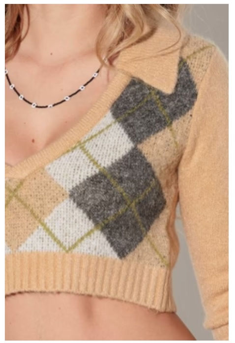 Khaki Cropped Sweater - Argyle pattern