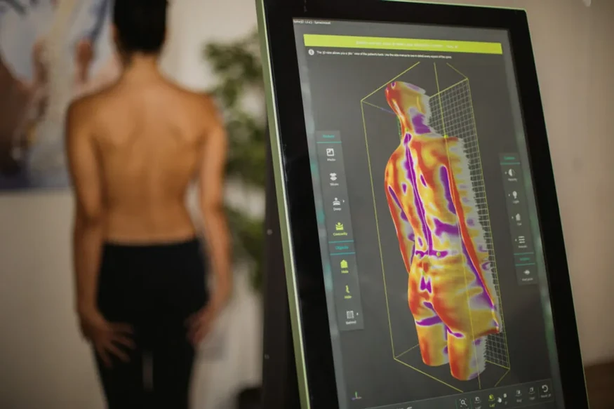 Spine3D 3D spine reconstruction showing vertebral alignment scoliosis and Cobb angle measurement