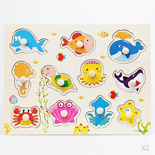 Wooden Marine Animal Shaped Peg Puzzle having 11 Marine Character Pieces