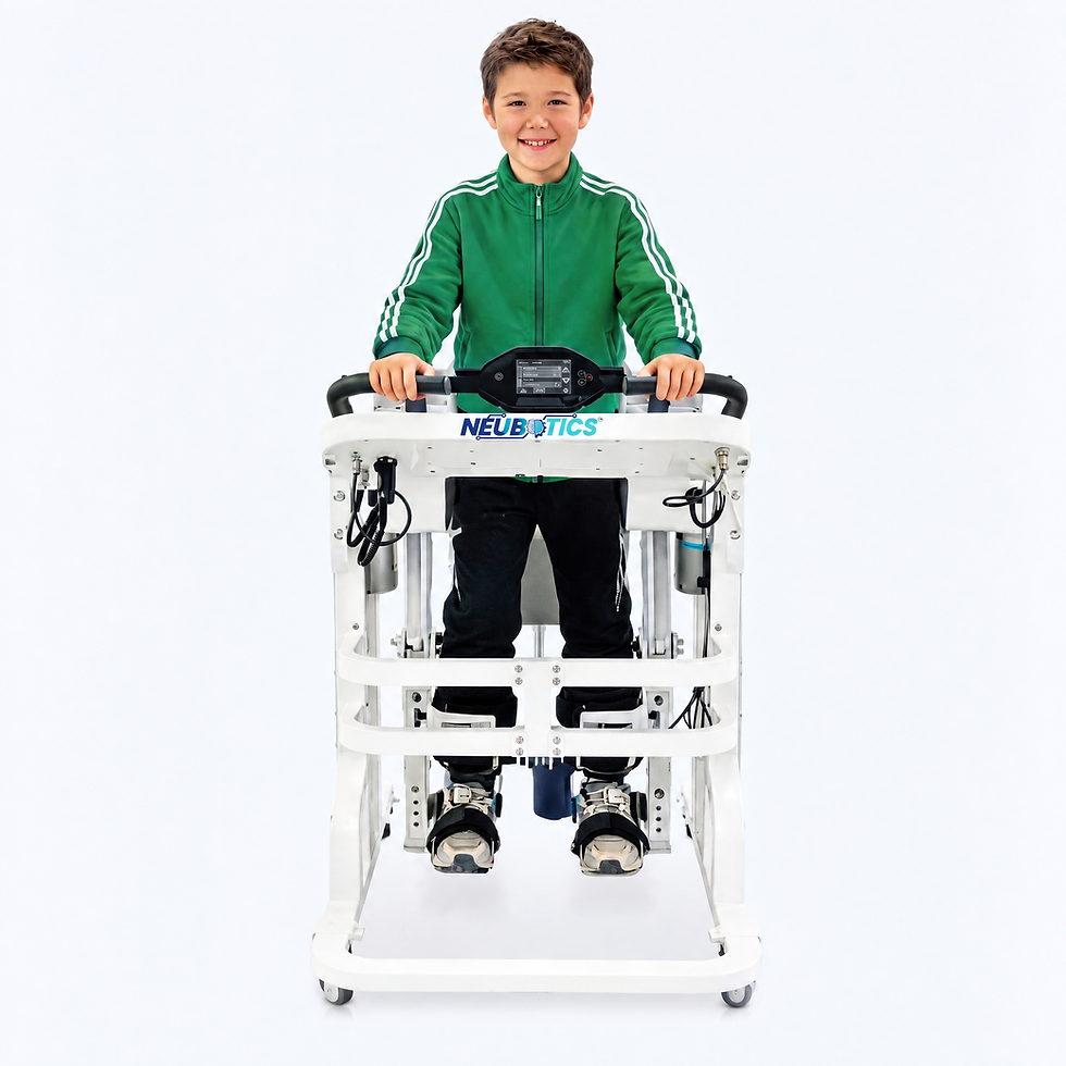 AE-02X children's exoskeleton worn by child patient showing paediatric joint actuation