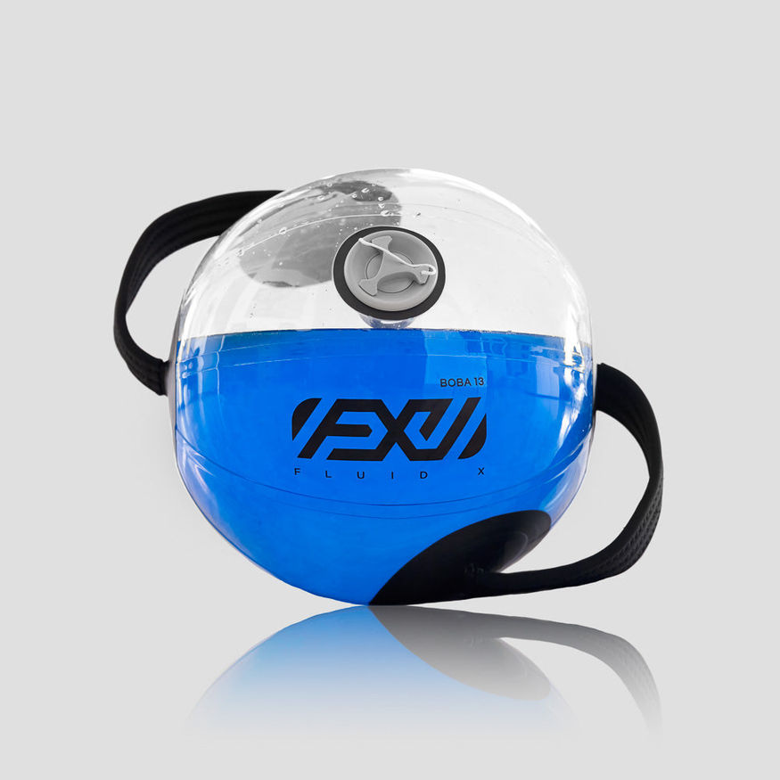 Top-down view of a clear Aqua Ball 7 filled with blue water and purple side handles