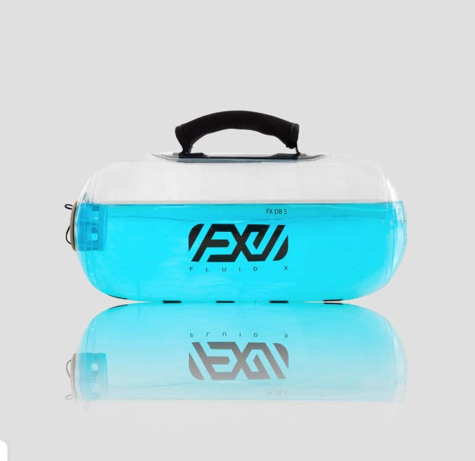 Cylindrical, clear aqua weight (Aqua Ball) filled with blue water, featuring a top handle