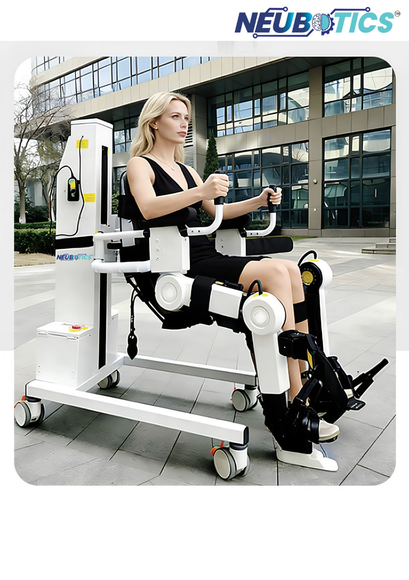 AE-03 exoskeleton worn by patient showing hip knee ankle joint actuation for gait training
