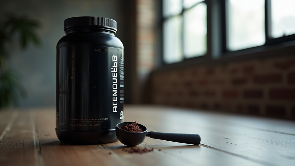Close-up view of a pre-workout supplement container with a scoop