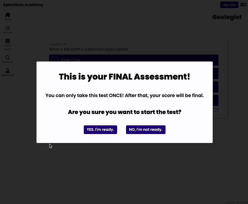 Screenshot of the final assessment moldule in the XplorStem learning platform, helping students test their STEM knowledge and understanding and prepare for state and national testing.