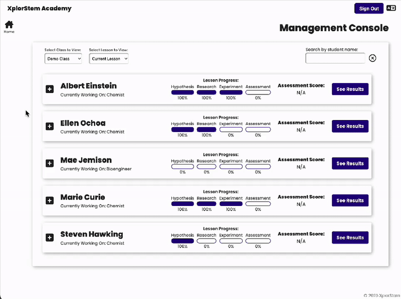 Screenshot of the XplorStem teacher interface displaying a management console for tracking student progress, assignments and assessments in multiple classrooms.