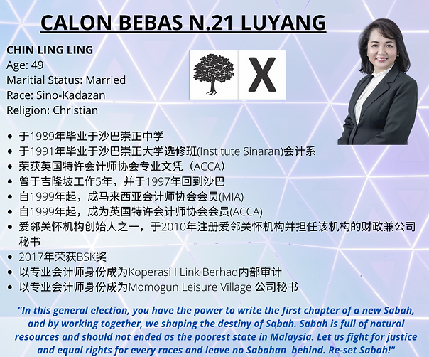 chin ling ling 陳玲玲 - 沙巴独立人士联盟 (Sabah Independent Candidate Alliance)