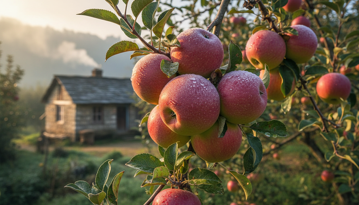 Close-up view of fresh apples hanging from a tree at a Himachal orchard stay