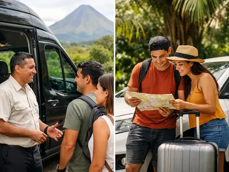 Split image: a van driver greets backpackers by a volcano, while another couple studies a map beside a white car in tropical greenery.