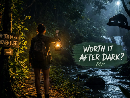 Backpacker holds a lantern on a jungle trail by a waterfall at night; signs read After Dark Adventure and Worth It After Dark?