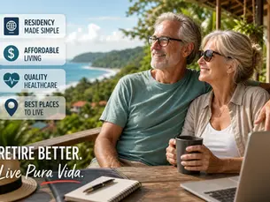 Smiling retired couple on a tropical balcony with laptop and coffee, beside text: Residency Made Simple, Retire Better, Live Pura Vida.