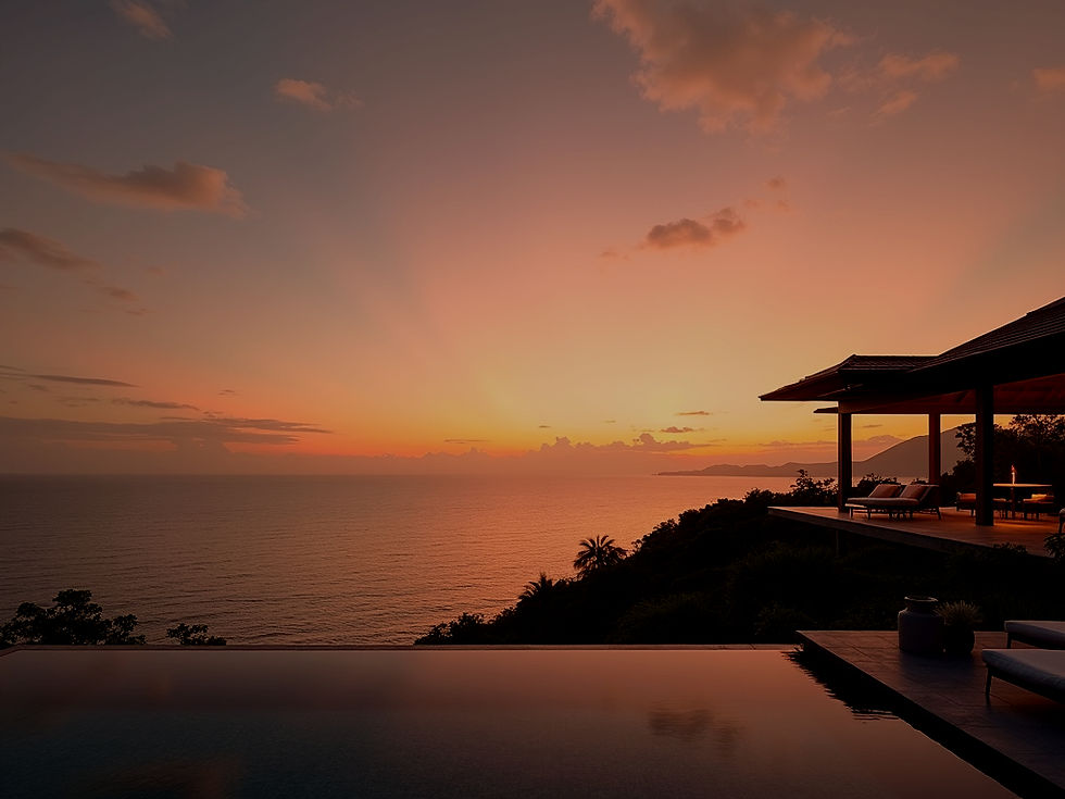 A sophisticated, serene landscape shot of a high-end Costa Rican villa overlooking the oce