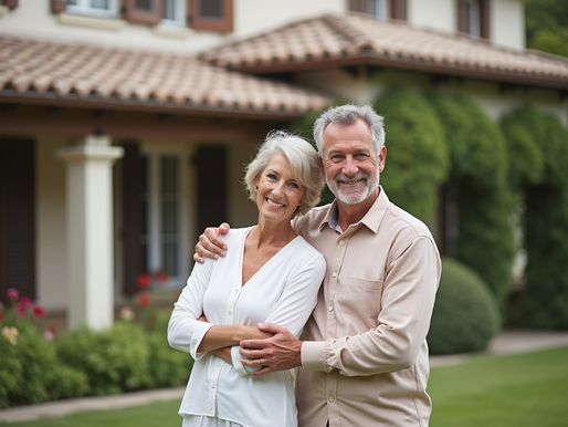 Smiling couple embraces in a lush garden, in front of a house with terracotta roof tiles. They seem happy and content.