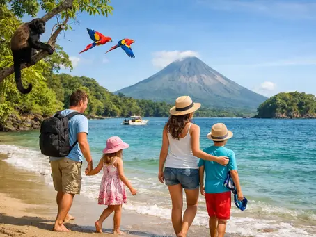 Family walking on a tropical beach with a monkey in a tree and two parrots overhead, volcano rising beyond blue water.