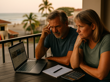 A couple sits on a balcony with a laptop, notebook, and calculator, looking focused. Background shows a beach and palm trees at sunset.