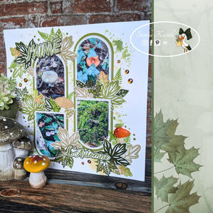Découvrez une page de scrap automnale avec 4 photos de champignons 🍂 Réalisée avec le lot Aventure enchantée de Stampin’ Up! pour un rendu nature et doux.