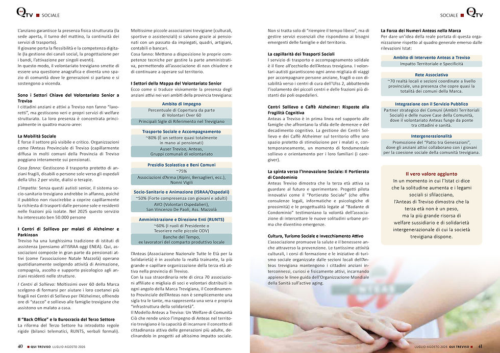 Italian magazine spread on senior volunteering in Treviso, with infographics and stacked hands symbolizing solidarity.