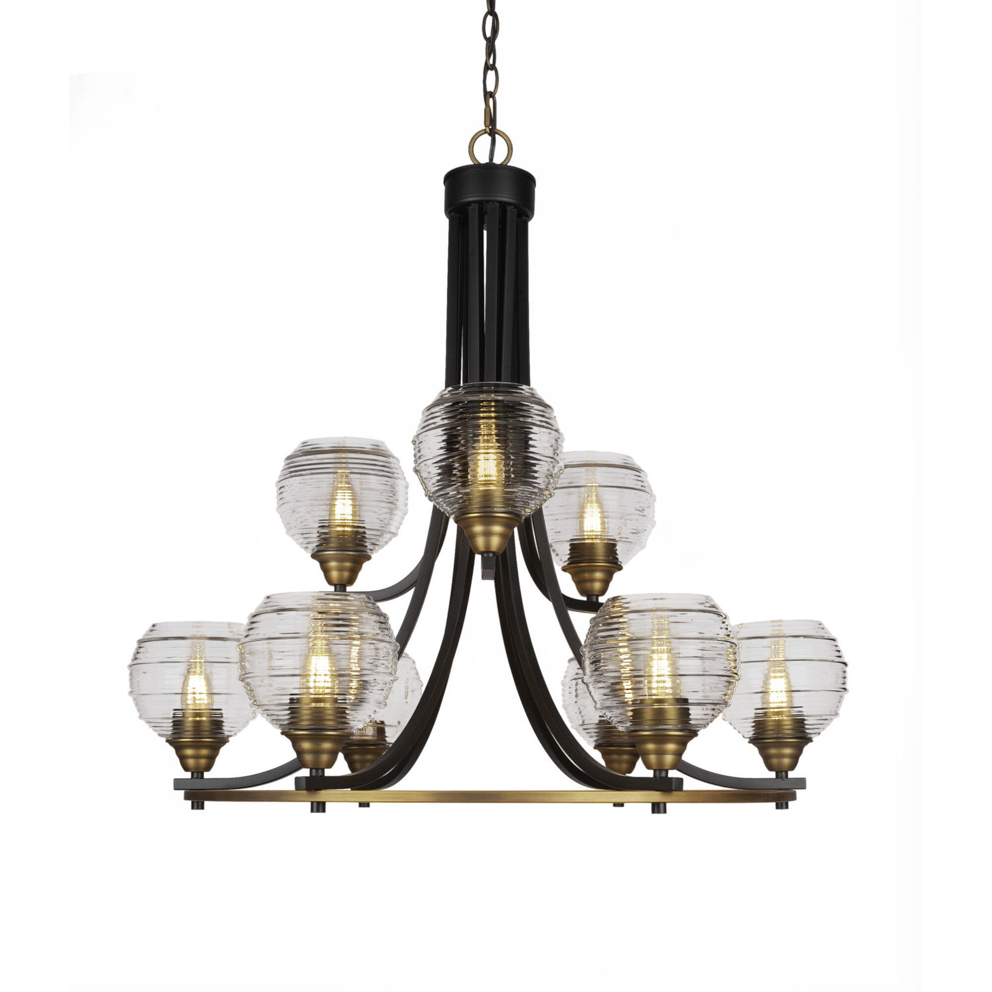 Paramount Matte Black and Brass 31-Inch Nine-Light Chandelier with Clear Ribbed