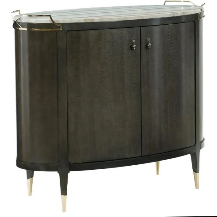 Juliet Mid Century Modern Beige Sandstone Top Dark Brown Wood Oval Bar Cabinet (