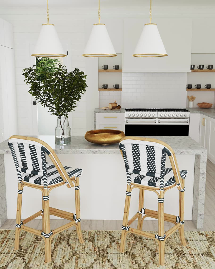 Blue & White Stripe Rattan Bar Stool (HO)