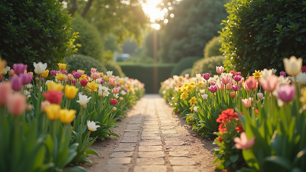 High angle view of a serene garden path surrounded by flowers