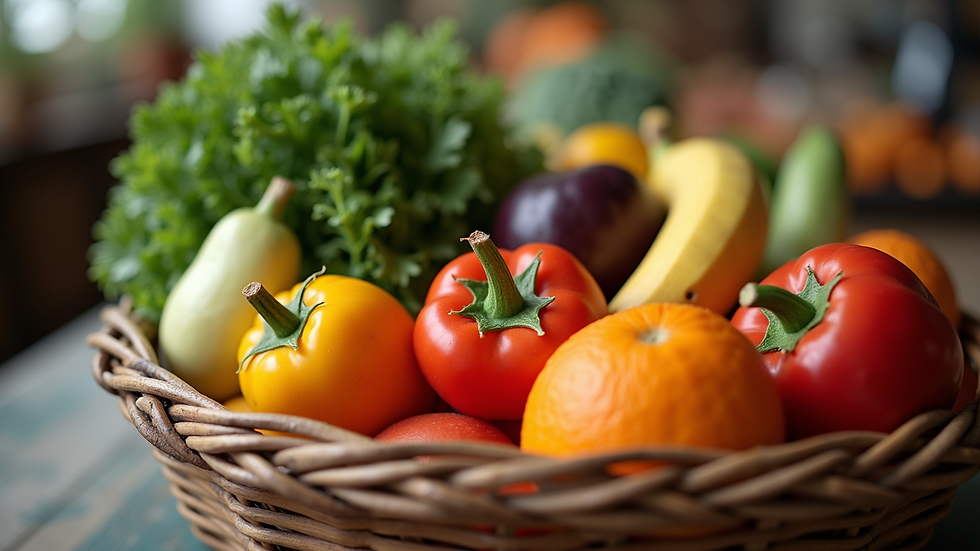 Eye-level view of a basket filled with fresh produce