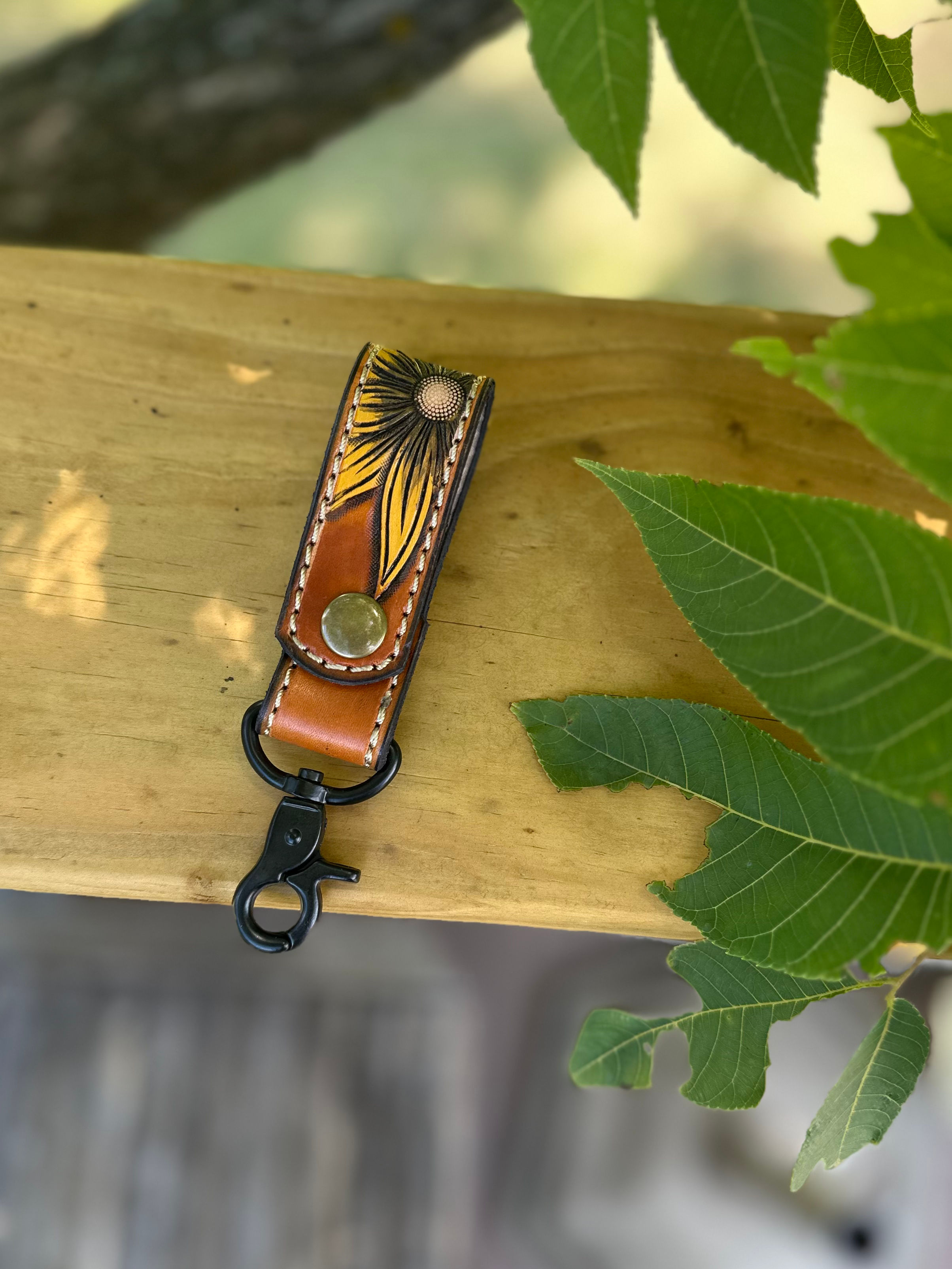 Tooled Key Fob- Long yellow Sunflower, dark center