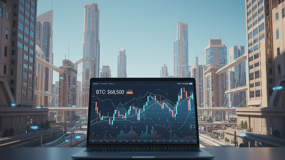 Eye-level view of a laptop screen showing cryptocurrency price charts