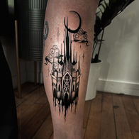 Black and grey illustrative castle tattoo by Johnny Noir