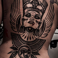 Black and grey Egyptian illustrative tattoo by Johnny Noir in Winnipeg