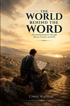 Cover of The World Behind the Word by Chris Watson featuring a traveler studying a scroll on a mountain path.