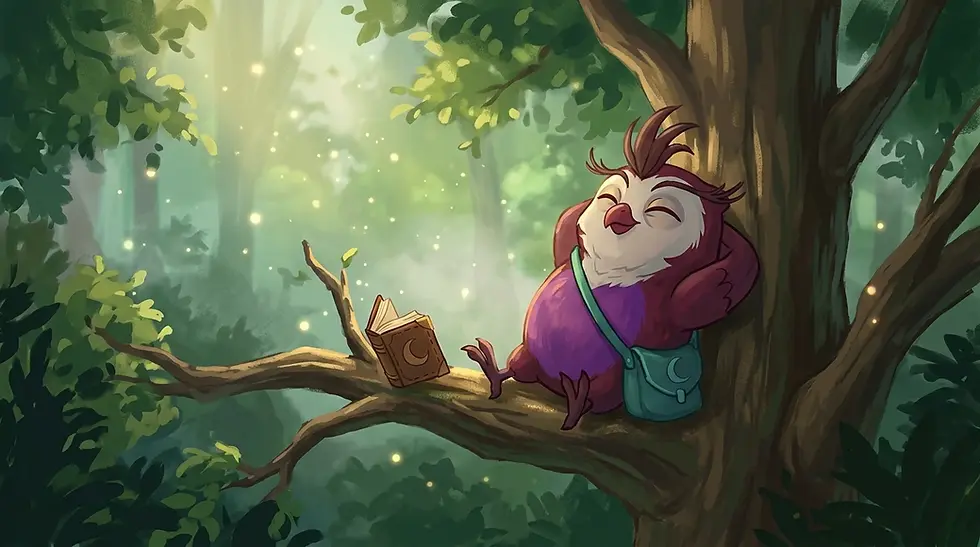 Relaxed purple owl-like bird leans on a tree branch in a glowing forest, beside an open moon-marked book and satchel.