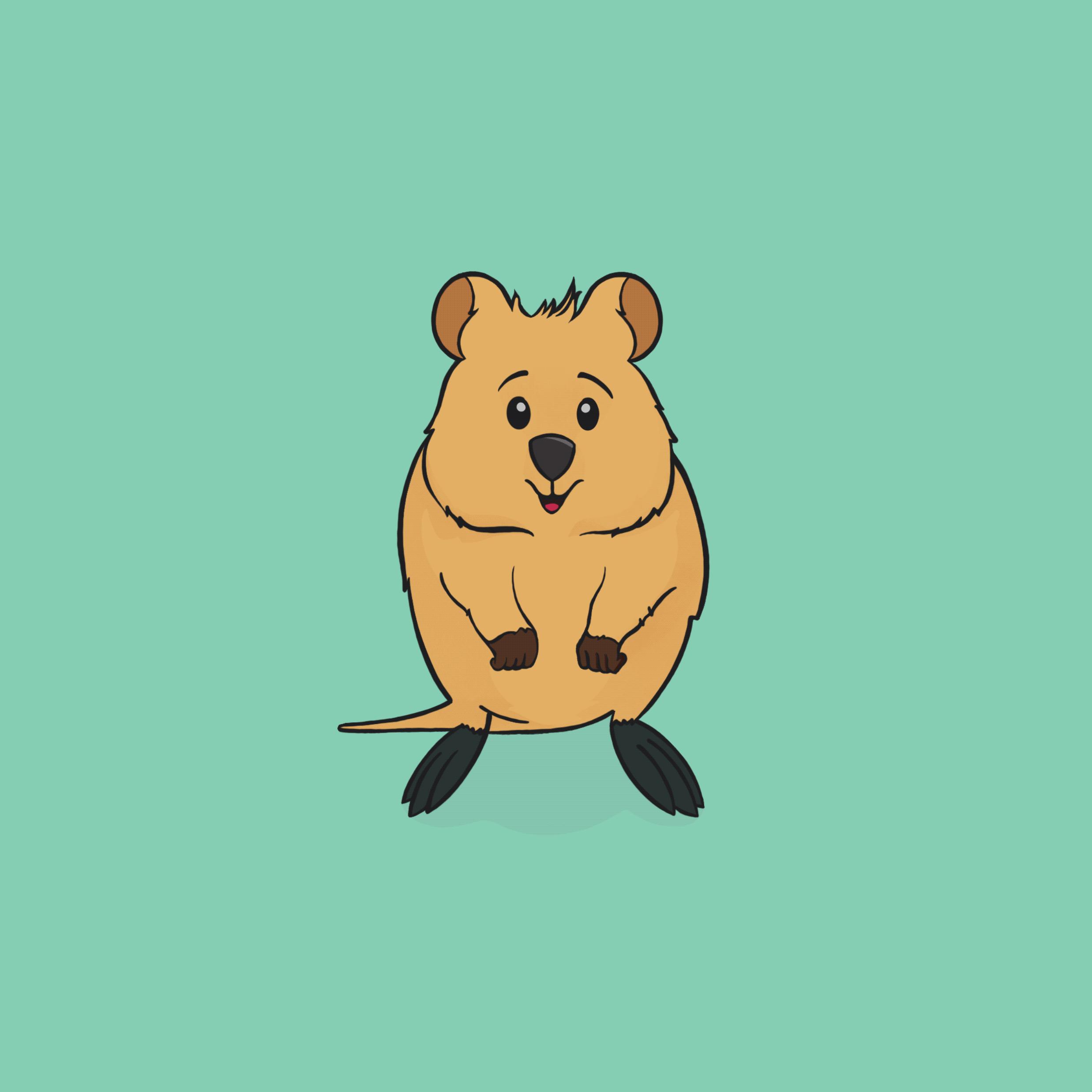 Cute cartoon quokka sitting upright on a mint green background, with a small smile and black paws.