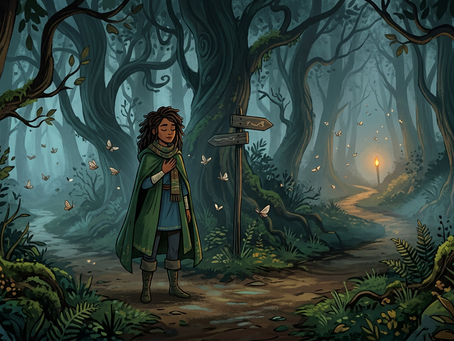 Person in a green cloak stands in a mystical forest beside a signpost. Moths flutter around. A glowing lantern lights a winding path.