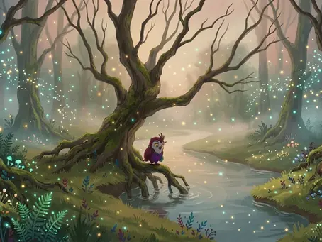 Small purple owl perches on a mossy tree root by a misty stream in a glowing fantasy forest.