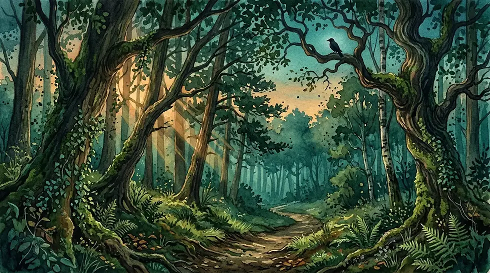 Forest path at sunrise, with tall trees and sunlight filtering through leaves. A bird perches on a branch, creating a serene atmosphere.