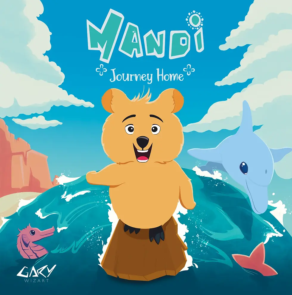 Mandi Journey Home illustrated children's book cover — a quokka surrounded by ocean waves, a dolphin and a seahorse — Gary Wi
