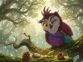 Cute purple owl winks on a mossy branch in a glowing forest, with fireflies and a pinecone below.