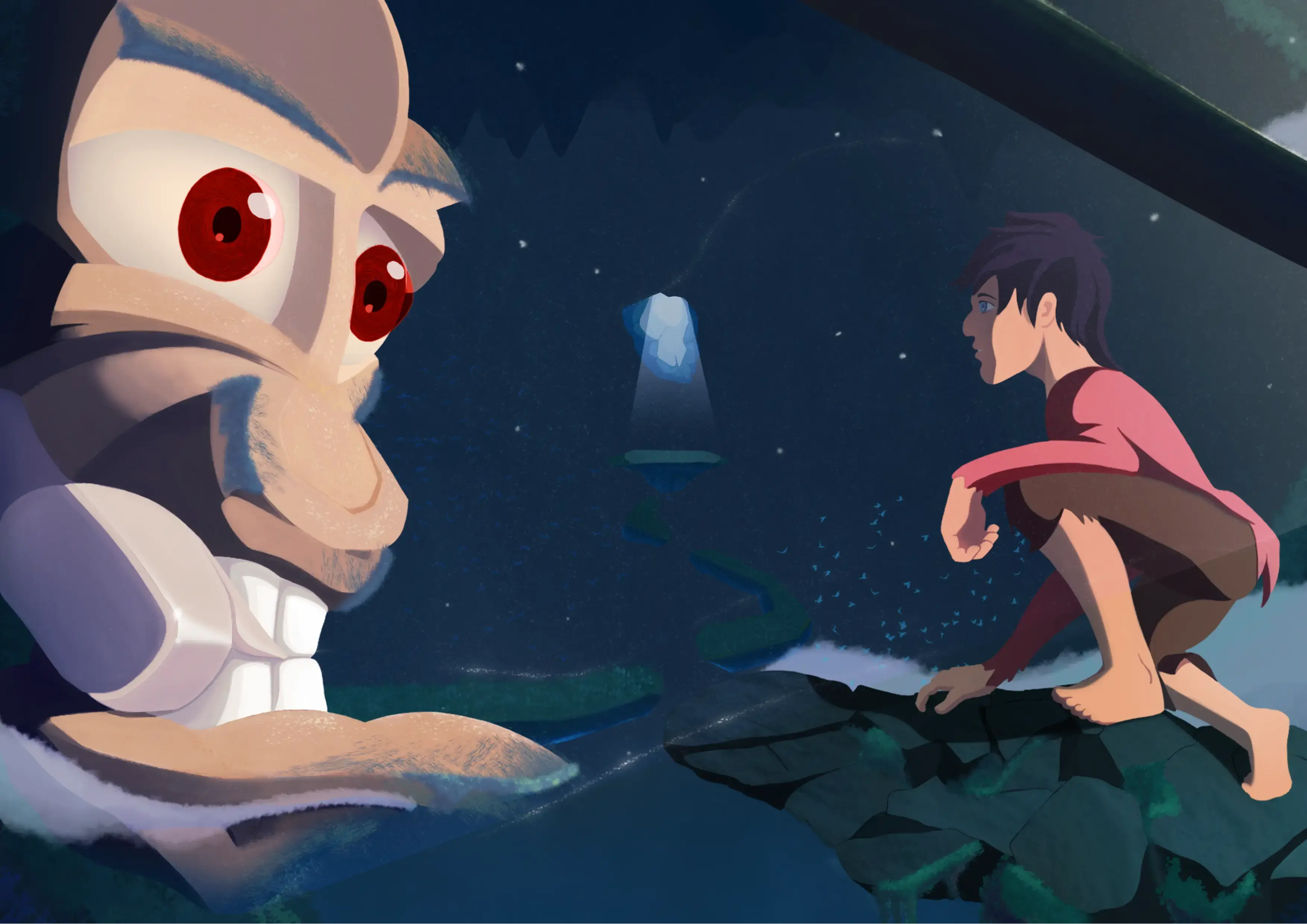Encounter — whimsical illustration art print of a child facing a giant stone creature in a starlit cave — Gary WizArt