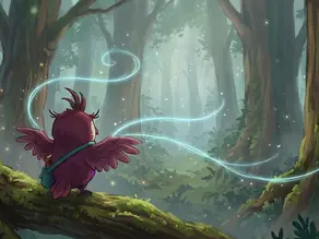 Small purple bird with a backpack on a mossy branch in a misty forest, watching glowing blue trails and firefly-like lights